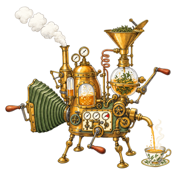 Pen and ink drawing of an absurdly over-engineered brass and glass machine on little legs with too many dials.