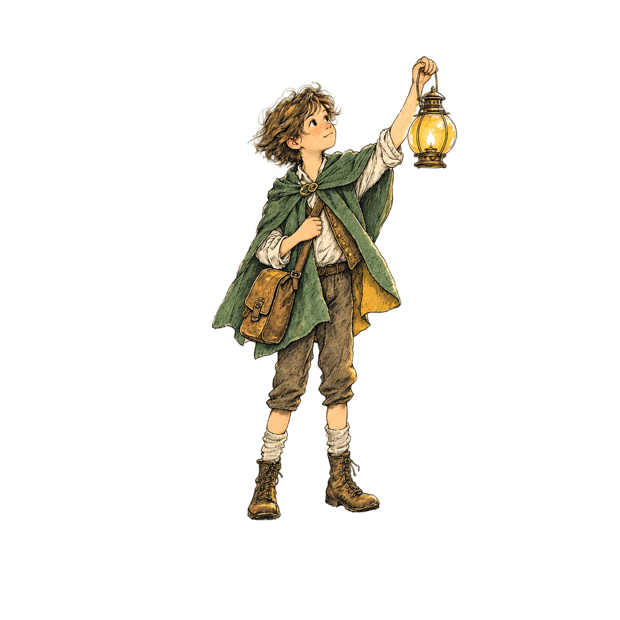 Pen and ink drawing of a child in a travelling cloak holding up a glowing lantern.