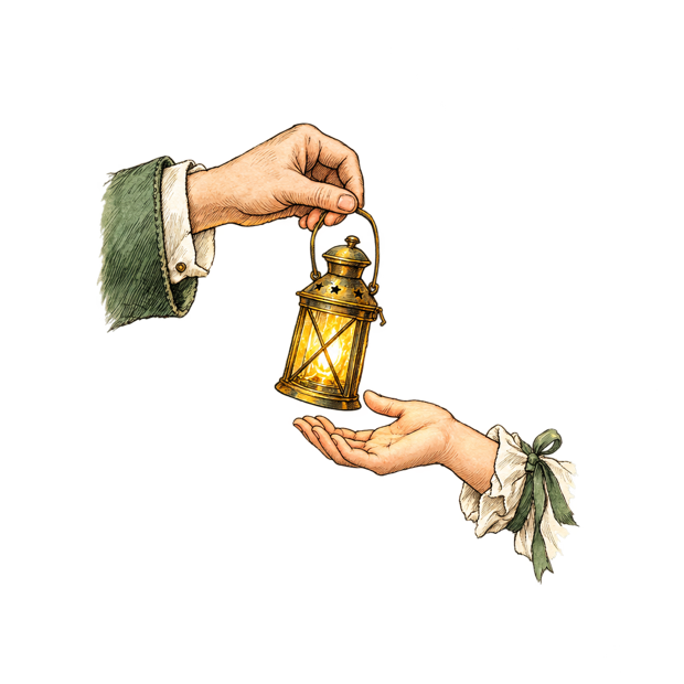 Pen and ink drawing of two hands passing a small glowing lantern between them.
