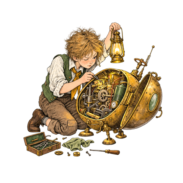 Pen and ink drawing of a child holding up a lantern and peering closely into the workings of a large open brass machine.