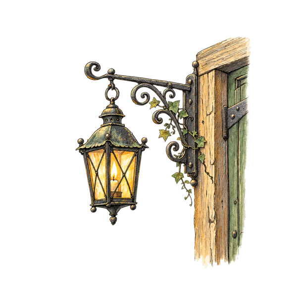 Pen and ink drawing of a single ornate lantern glowing on an iron bracket beside a workshop door.