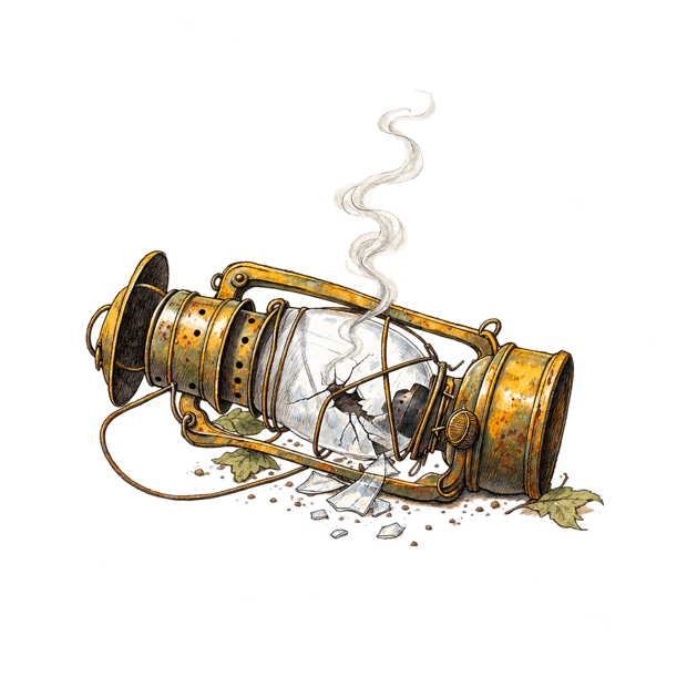 Pen and ink drawing of a single lantern lying on its side, unlit, with cracked glass and a wisp of smoke.