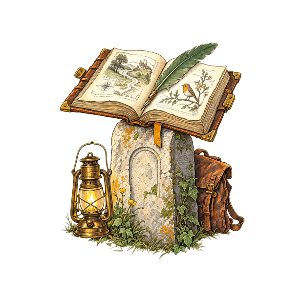 Pen and ink drawing of a large open leather-bound book resting on a stone milestone with a quill across the pages.