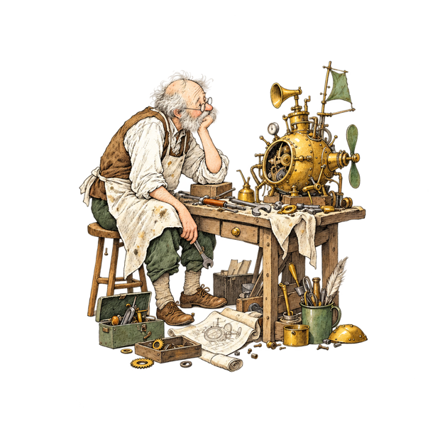 Pen and ink drawing of an older maker in an apron slumped at a cluttered workbench beside a half-finished machine.
