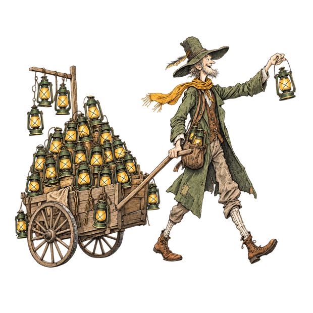 Pen and ink drawing of a tall peddler in a long coat pushing a handcart stacked with dozens of identical lanterns.
