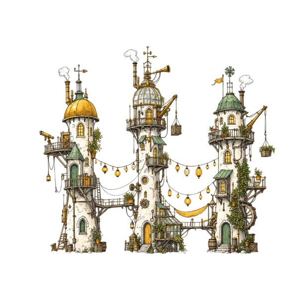 Pen and ink ornament of three tall inventor's workshop towers with a string of small lanterns hung between them.