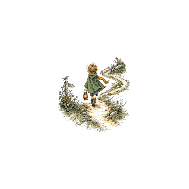 Pen and ink drawing of a small child in a cloak walking away along a winding path with a lantern held low.